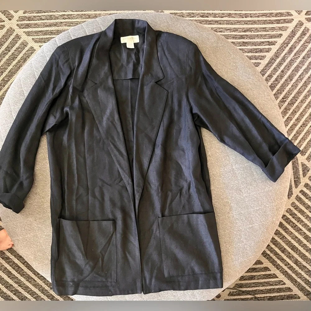 CHRISTIAN DIOR Separates Size 14 Long Black Wool Open Front Blazer
